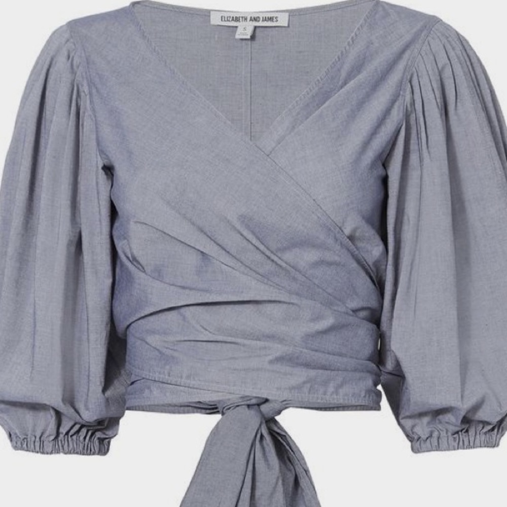 ELIZABETH AND JAMES FARRAH BLOUSON WRAP TOP CRISP STRETCH COTTON DENIM COLOR XS